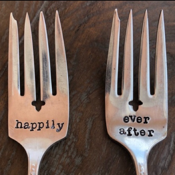Hand-stamped silver plated forks & message “Happily”/“Ever After” when together - Picture 3 of 15